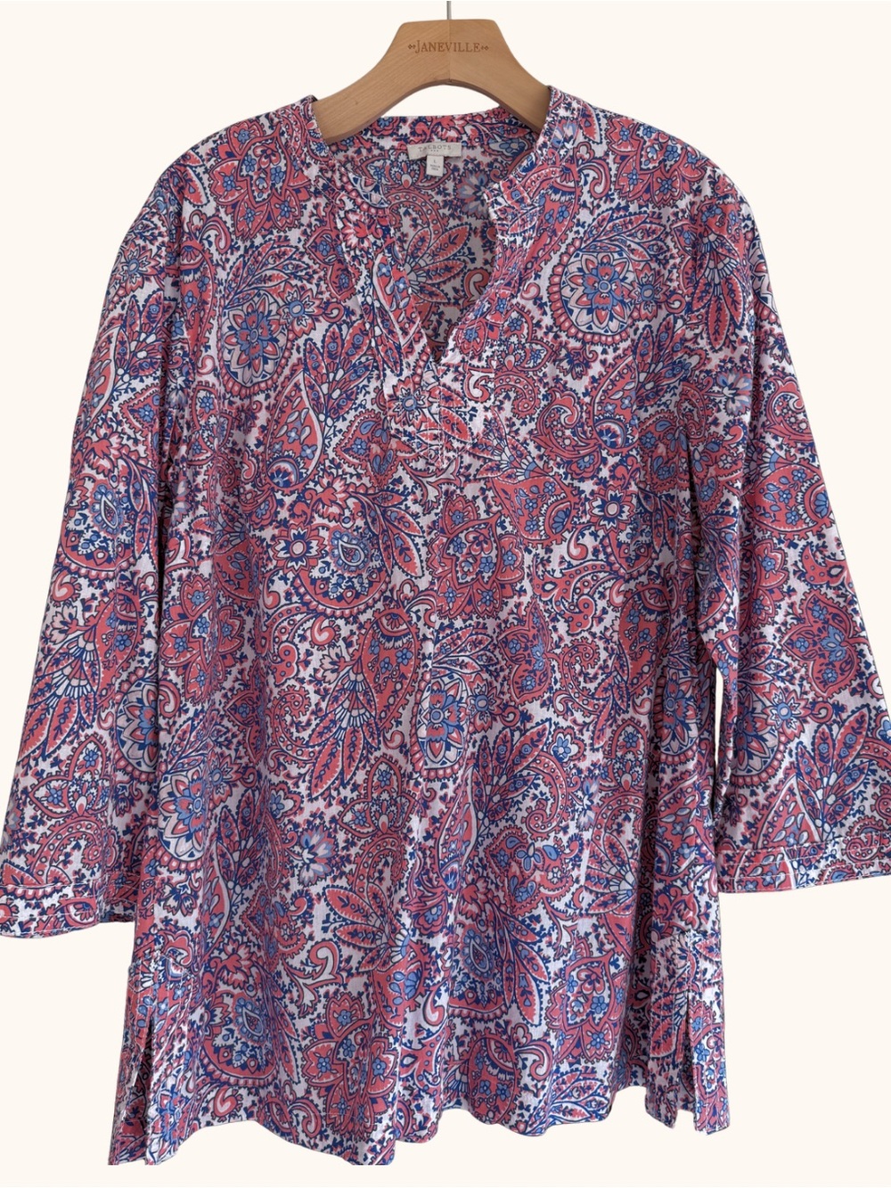 Talbots Cotton Paisley Tunic Blouse Coral Blue L